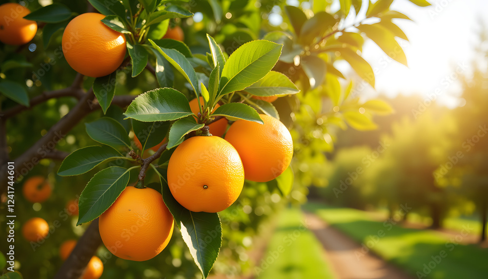 Oranges hanging on tree branches in sunlit orchard