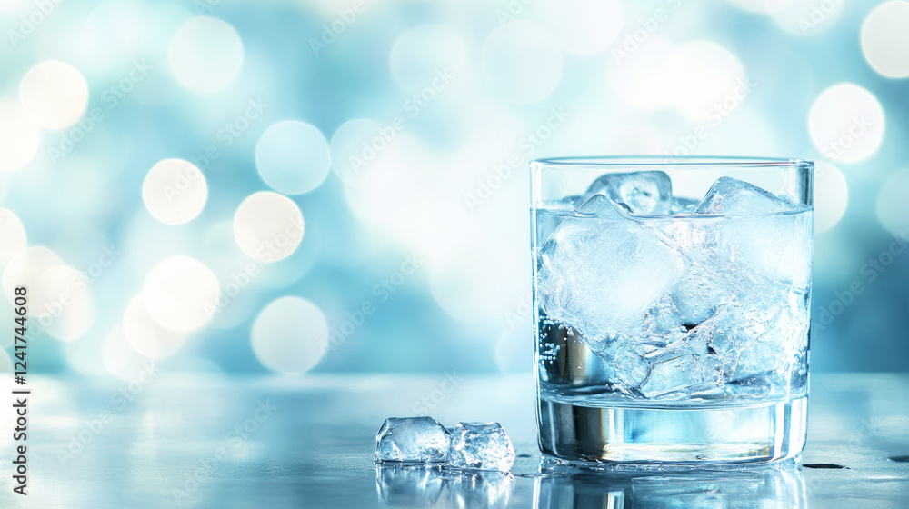Refreshing glass of ice water on smooth tabletop with modern bokeh background Refreshing glass of ice water on smooth tabletop with modern bokeh background