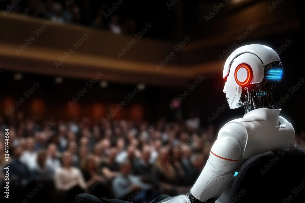 Robot attending conference with audience in background Robot attending conference with audience in background