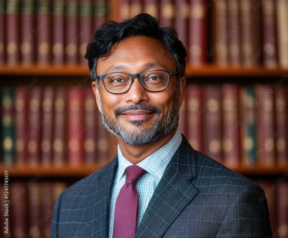 Mature asian male scholar in library with bookshelf background Mature asian male scholar in library with bookshelf background
