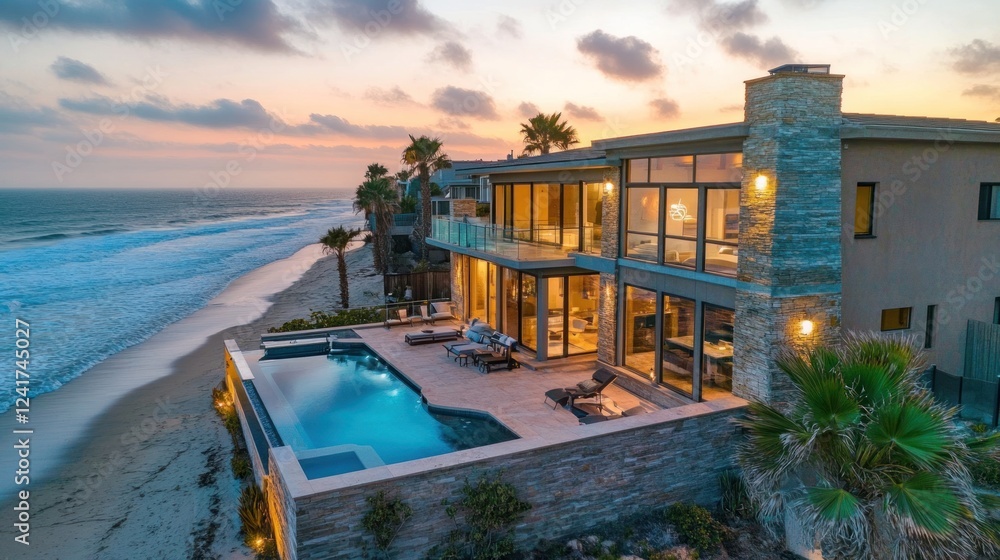 Oceanfront Luxury Villa at Sunset: Breathtaking Beachfront Property