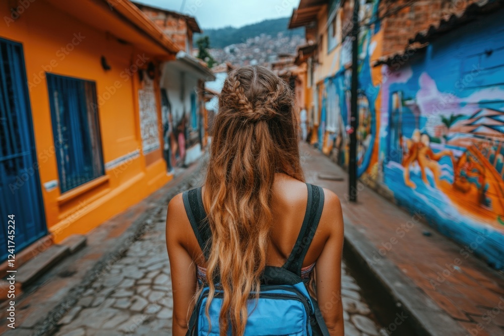 Young caucasian female exploring vibrant street art in colorful urban alleyway Young caucasian female exploring vibrant street art in colorful urban alleyway