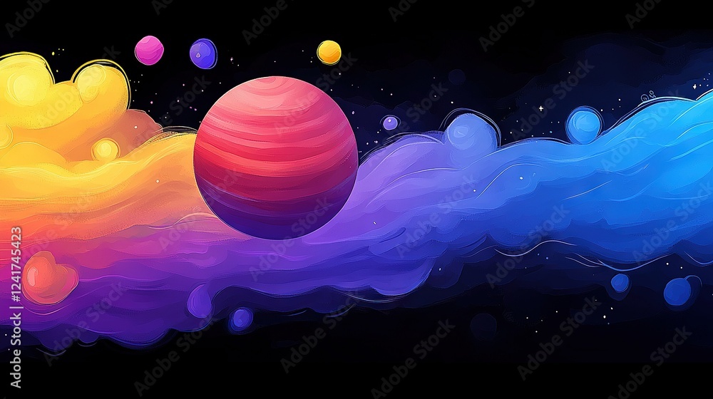 An abstract painting features a vibrant, spherical object floating in the sky Encircled by a sea of multicolored bubbles, this mysterious ball radiates with hues of An abstract painting features a vibrant, spherical object floating in the sky Encircled by a sea of multicolored bubbles, this mysterious ball radiates with hues of