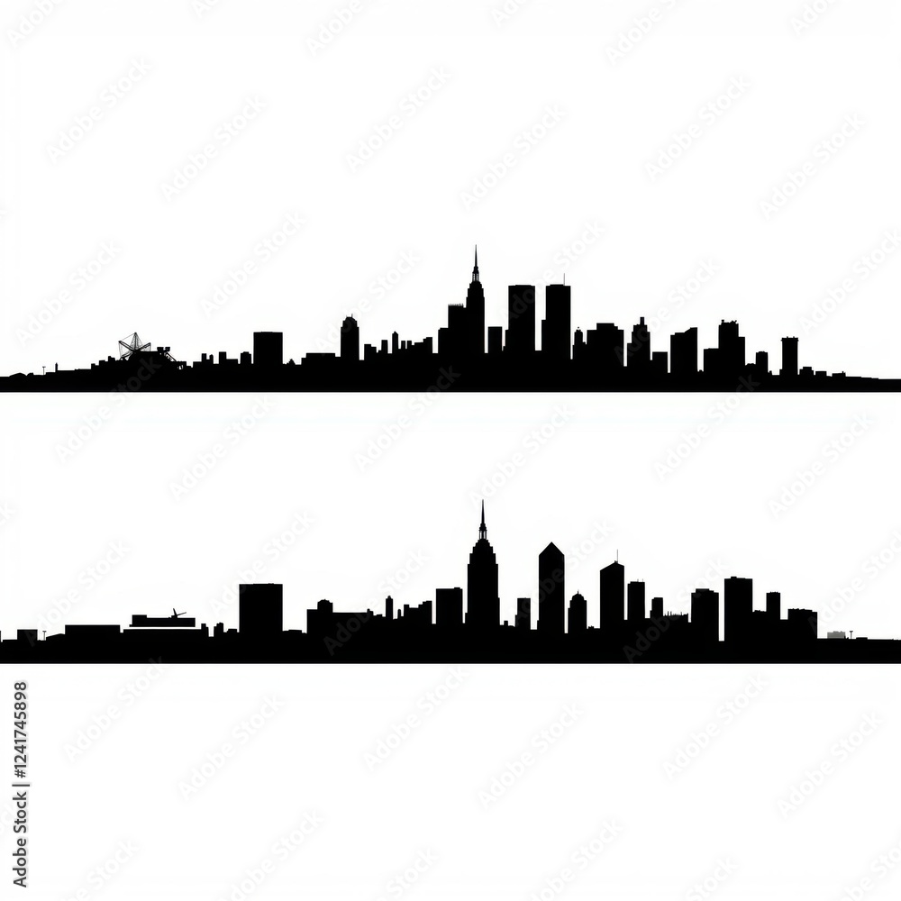 Naklejka premium A vibrant city skyline silhouetted against an enchanting sunset showcasing modern architecture and a futuristic atmosphere silhouetted skyline cityscape architecture illustration building city vector