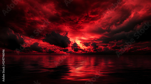 Fototapeta Naklejka Na Ścianę i Meble -  A red sky with clouds and a calm ocean