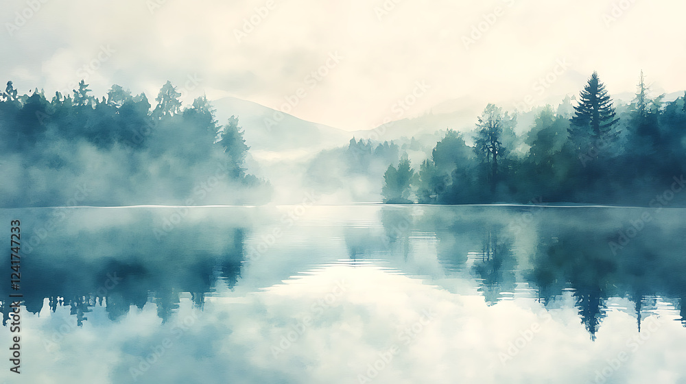 Fototapeta premium A misty forest with a lake in the background