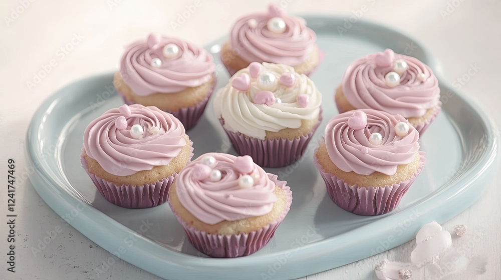 A pastel-colored heart-shaped ceramic plate displaying elegantly frosted Valentine's cupcakes with shimmering edible pearls A pastel-colored heart-shaped ceramic plate displaying elegantly frosted Valentine's cupcakes with shimmering edible pearls