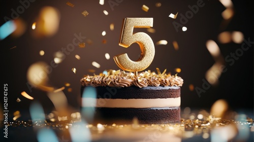 A delicious chocolate cake celebrates a 5th anniversary with golden confetti.