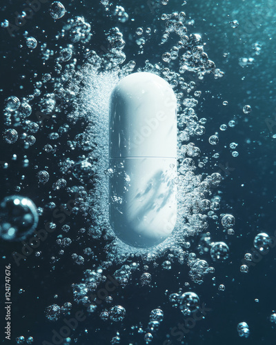 White pill dissolving in water with expanding microbubbles in a dark environment