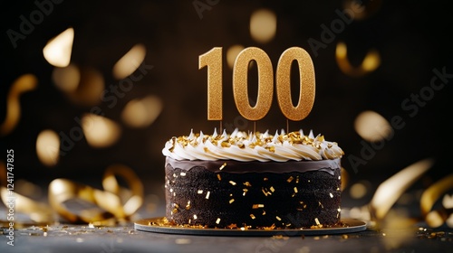 A decadent chocolate cake celebrates a centennial milestone with golden confetti and number candles.