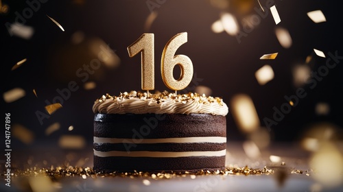 A delicious chocolate cake celebrates a 16th birthday with golden confetti. photo