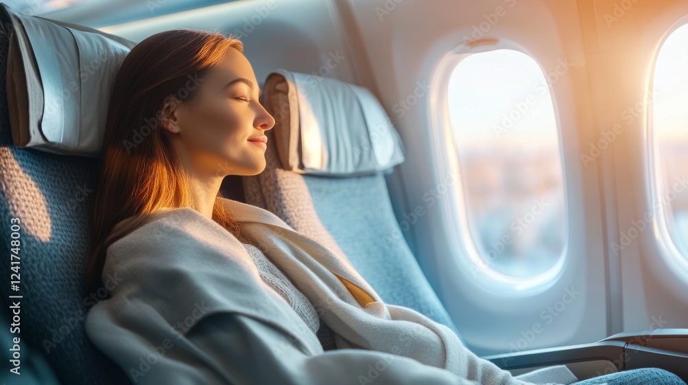 Fototapeta premium Woman peacefully sleeping on airplane, sunlight streaming through window.