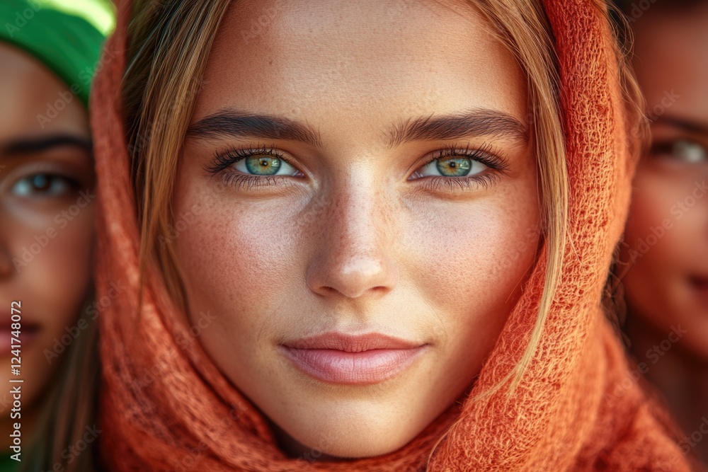 Close-up of young caucasian female with green eyes wearing orange scarf Close-up of young caucasian female with green eyes wearing orange scarf