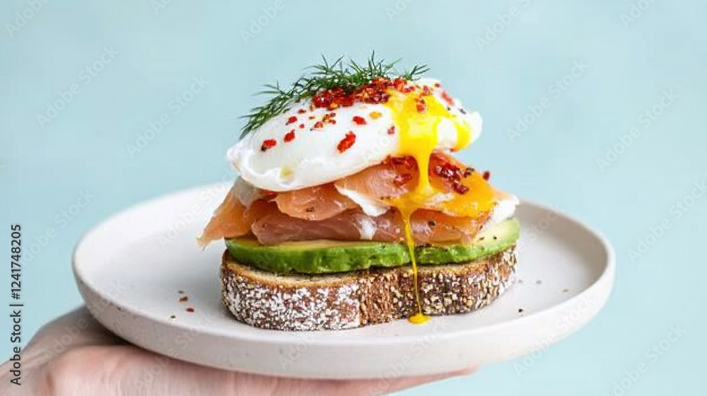 A person holding a white plate with a sandwich on it, and sauce drizzled on top A person holding a white plate with a sandwich on it, and sauce drizzled on top
