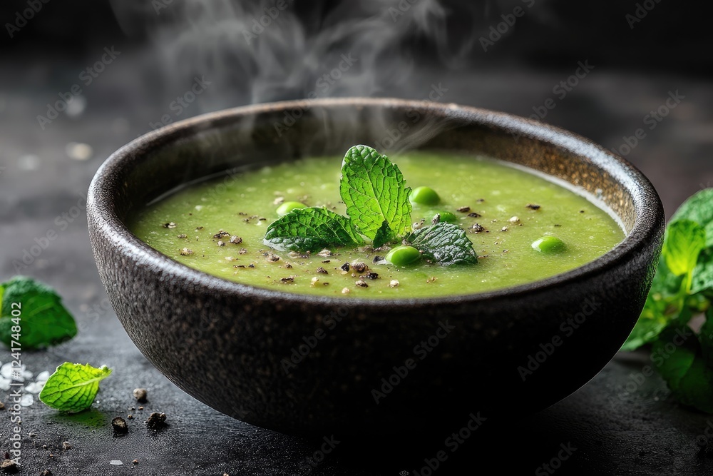Steaming hot pea soup garnished with fresh mint and black pepper Steaming hot pea soup garnished with fresh mint and black pepper