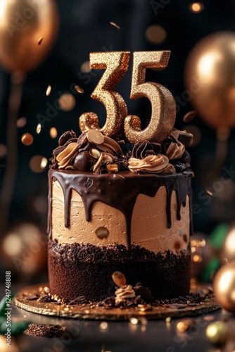 A decadent chocolate cake celebrates a 35th birthday with golden confetti. photo