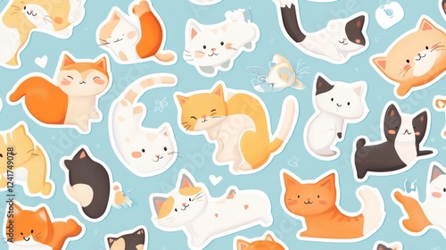 Adorable cartoon cats in various poses and colors.