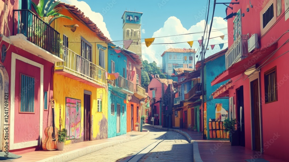 Naklejka premium Colorful Street Scene Vibrant Houses Sunny Day