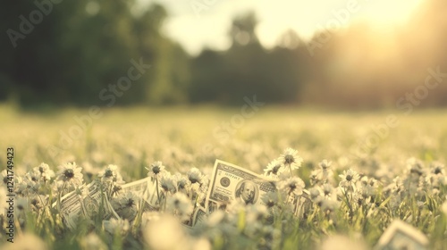 Cash hidden in daisy field sunset background