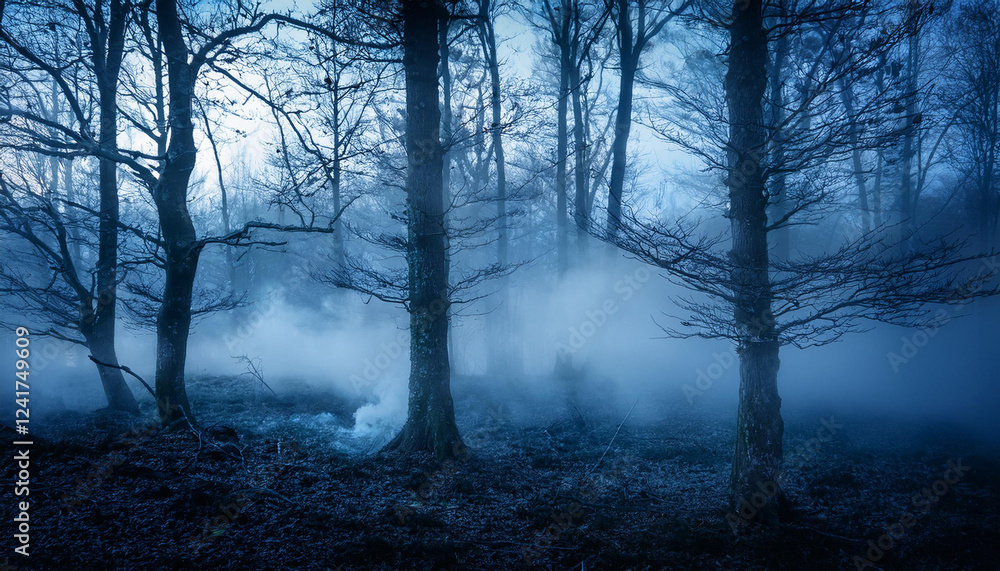 Obraz premium spooky tree and smoke in horror forest fog some of the dark tree trunks creepy night time autumn wooded area panorama horror scene mysterious environment haunted woods halloween