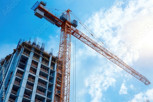 Construction crane building modern skyscraper in urban cityscape photo