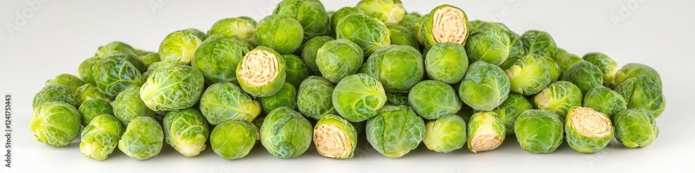 A close-up of a pile of Brussels sprouts on a white surface A close-up of a pile of Brussels sprouts on a white surface