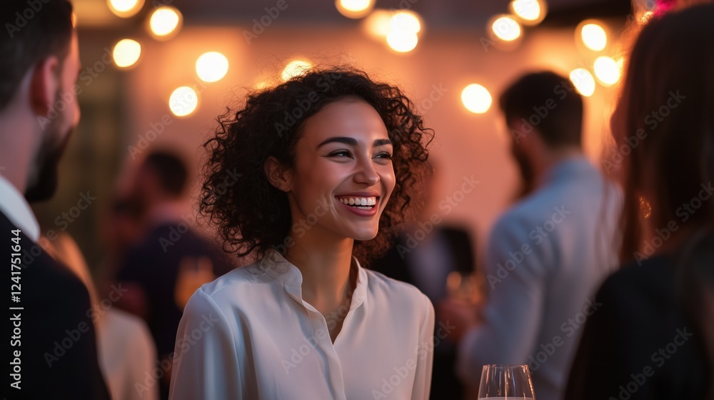 A woman is smiling at the camera in a party. She is surrounded by other people, some of whom are also smiling. The atmosphere is lively and fun, and everyone seems to be enjoying themselves A woman is smiling at the camera in a party. She is surrounded by other people, some of whom are also smiling. The atmosphere is lively and fun, and everyone seems to be enjoying themselves
