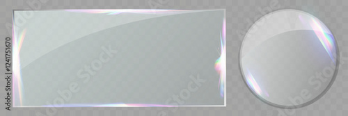 Transparent glass panels with reflections and iridescent light effects on dark background.