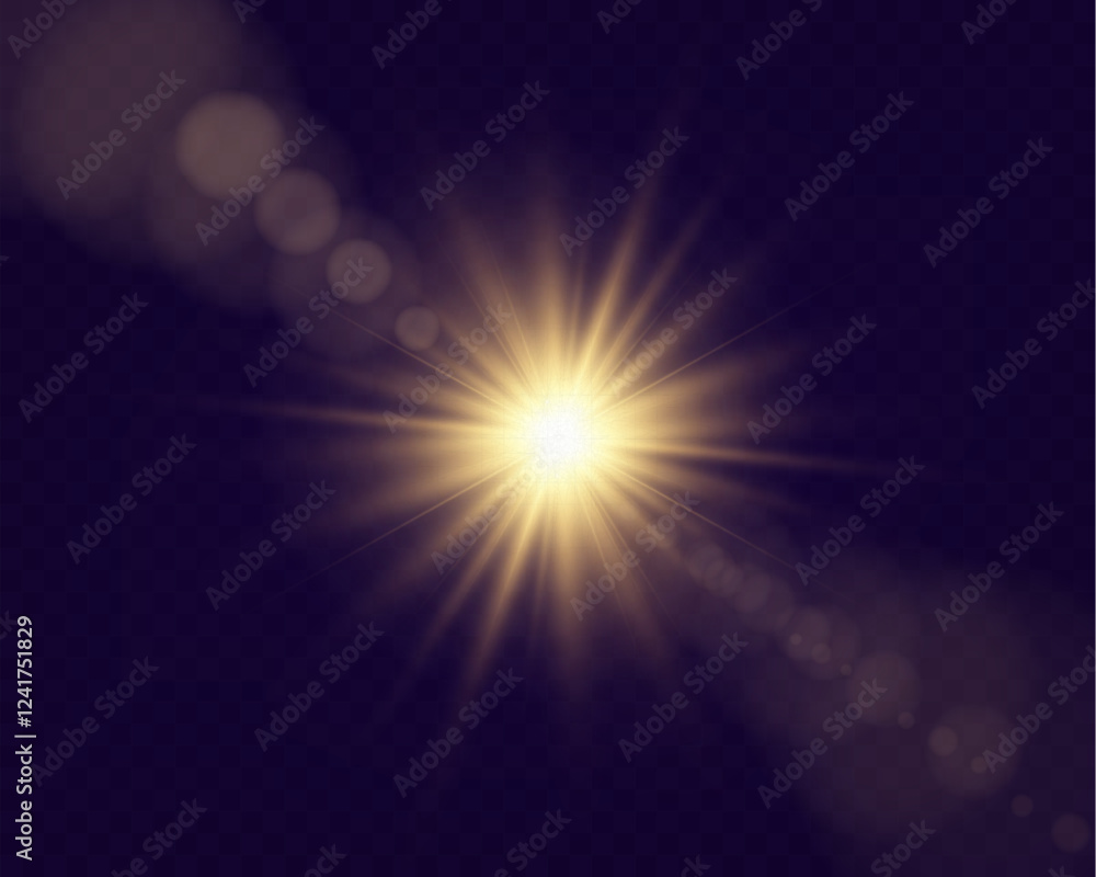 Fototapeta premium Abstract glowing starburst light with golden rays on dark purple background, creating a soft, radiant, and dynamic effect. Perfect for designs, backdrops, or visual themes. 