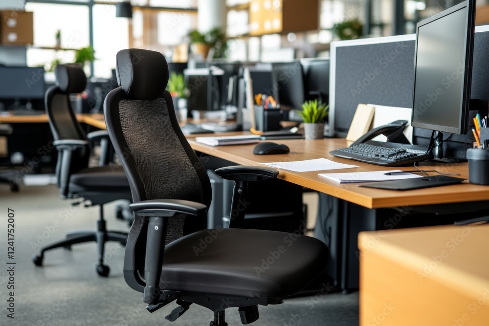 Set in a clean, contemporary environment, ergonomic office chairs and stylish desks emphasize comfort and practicality while providing ample workspace Set in a clean, contemporary environment, ergonomic office chairs and stylish desks emphasize comfort and practicality while providing ample workspace