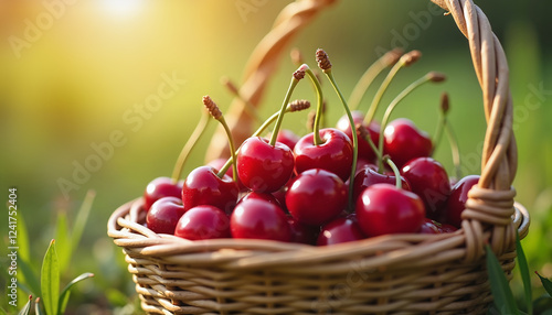 Fresh cherries in wicker basket on sunny day, nature's bounty, health and wellness imagery photo