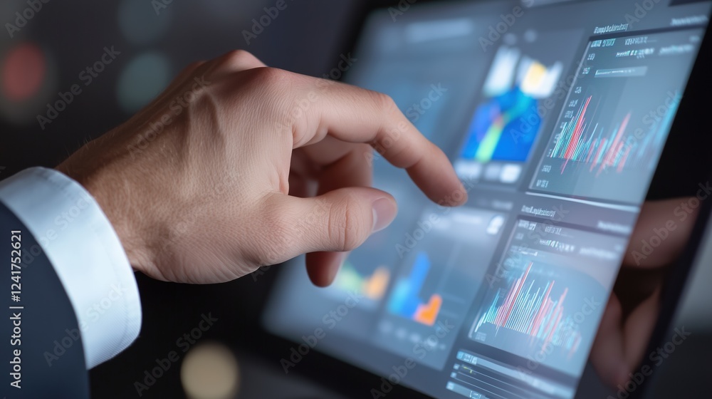A man is touching a screen with a finger, and the screen displays a graph. Concept of technology and the importance of data visualization. Scene is focused and professional A man is touching a screen with a finger, and the screen displays a graph. Concept of technology and the importance of data visualization. Scene is focused and professional