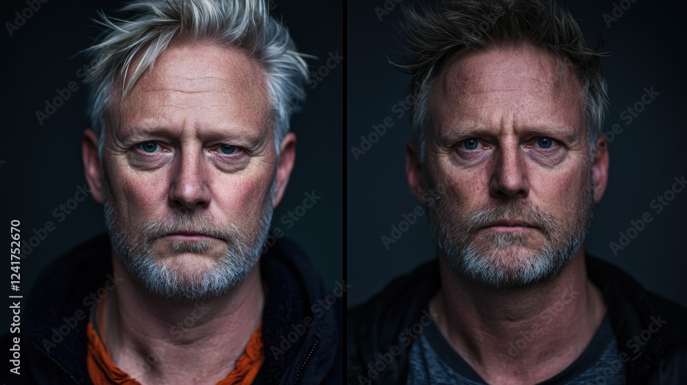 Portrait of two men with similar features showcasing contrasting expressions and lighting Portrait of two men with similar features showcasing contrasting expressions and lighting