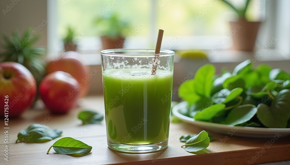 Fresh Green Smoothie with Spinach in Sunny Kitchen, Perfect for Detox and Health Promotion Fresh Green Smoothie with Spinach in Sunny Kitchen, Perfect for Detox and Health Promotion