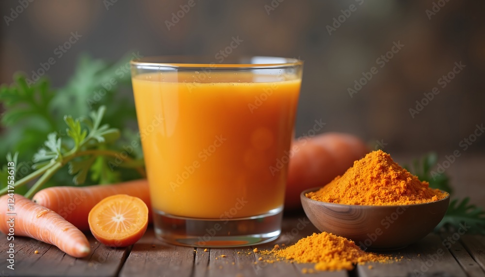 Fresh Carrot and Turmeric Juice on Rustic Table for Detox and Health Boost Fresh Carrot and Turmeric Juice on Rustic Table for Detox and Health Boost