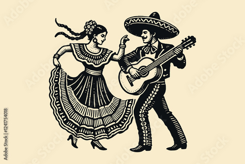 Dancing Mexican woman and man with guitar, vintage black engraving style