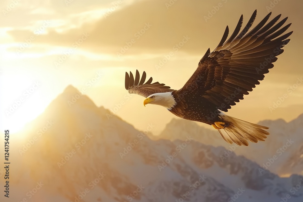 Fototapeta premium A majestic bald eagle soaring over snow-capped mountains with wings spread wide against a golden sunrise sky, symbolizing freedom and strength