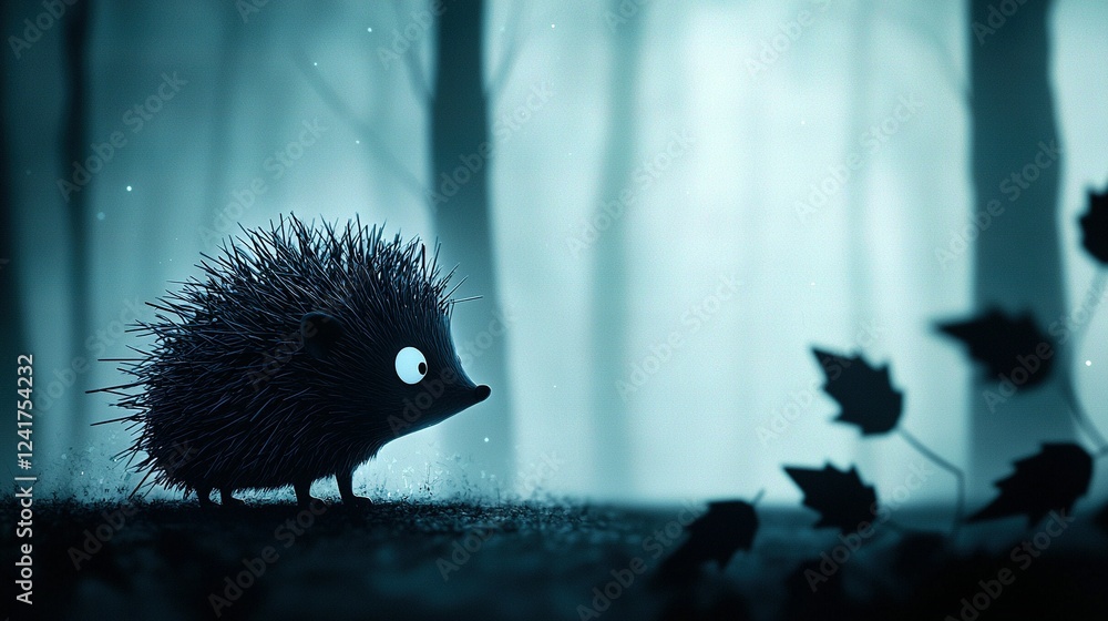 Fototapeta premium A monochrome picture of a porcupine amidst leafy flooring and tall trees in a dim forest setting
