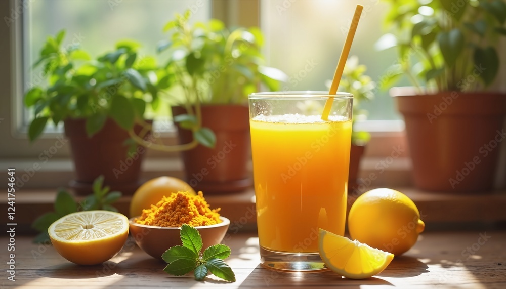 Fototapeta premium Refreshing lemon turmeric detox juice with herbs, perfect for healthy living promotion