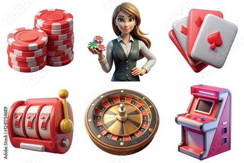 Casino 3d icons set. Gambling elements. Slot Machine. Casino roulette 