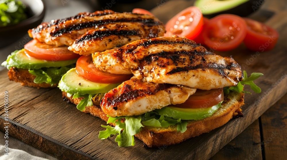 Grilled chicken sandwich with fresh avocado, tomato, and lettuce on crispy toasted bread served on a wooden board Grilled chicken sandwich with fresh avocado, tomato, and lettuce on crispy toasted bread served on a wooden board