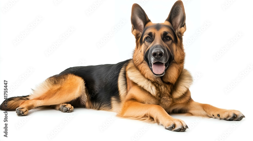 Obraz premium German shepherd dog lying down on a white background with an alert and friendly expression