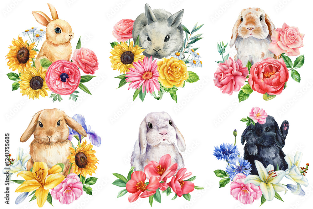 Fototapeta premium Watercolor cute rabbit and flowers, hand-painted bunny, spring floral animals, baby hare spring nature art nursery decor
