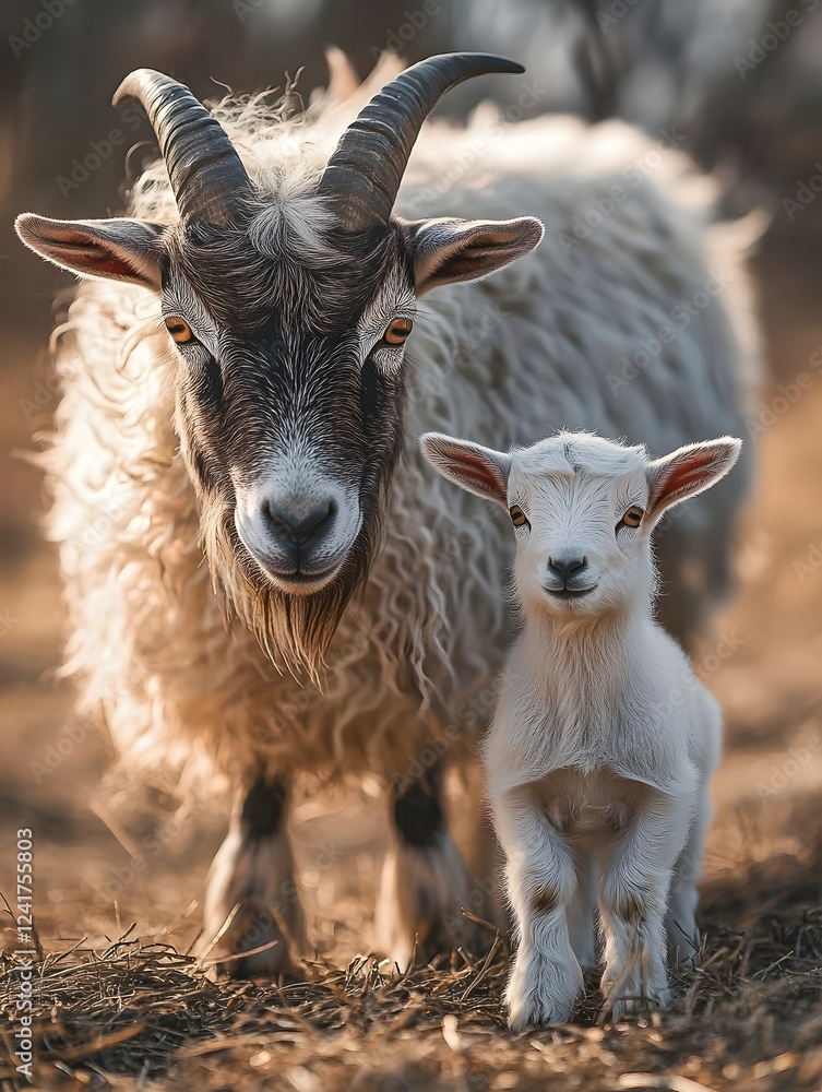 Fototapeta premium Newborn Goat Kid Stands Beside Mother in Pastoral Meadow Scene
