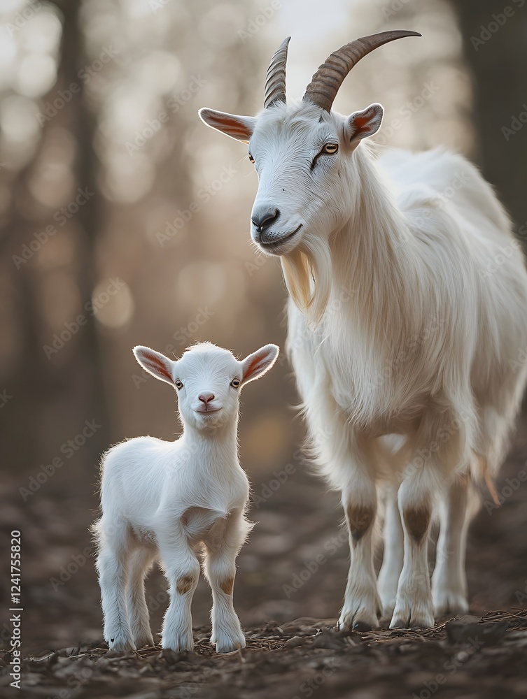 Fototapeta premium Newborn Goat Taking First Steps with Protective Mother
