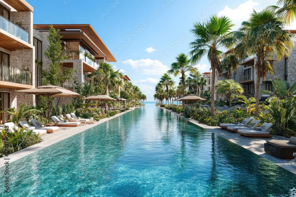 Fototapeta premium Luxurious resort poolside with tropical palm trees