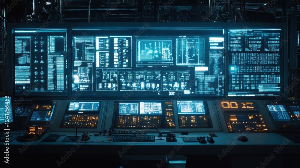 Multiple computer screens and control panels displaying complex data visualizations and performance charts, suggesting advanced technological processes in an innovative manufacturing facility Multiple computer screens and control panels displaying complex data visualizations and performance charts, suggesting advanced technological processes in an innovative manufacturing facility