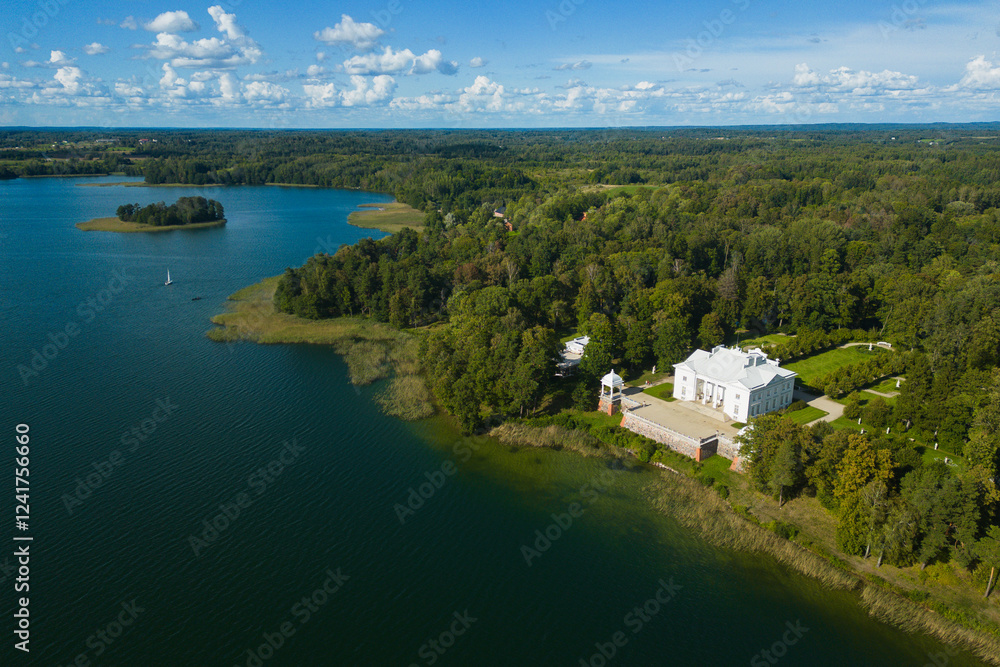Aerial View of Uzutrakis Manor in Front of the Galve Lake in Trakai, Lithuania Aerial View of Uzutrakis Manor in Front of the Galve Lake in Trakai, Lithuania