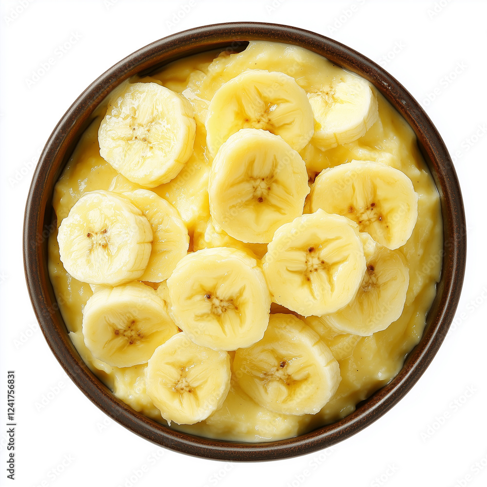 Bowl of Banana Pudding, Mixing Or Serving Bowl Style, top view, stock photo, isolated on white, photorealistic food Bowl of Banana Pudding, Mixing Or Serving Bowl Style, top view, stock photo, isolated on white, photorealistic food