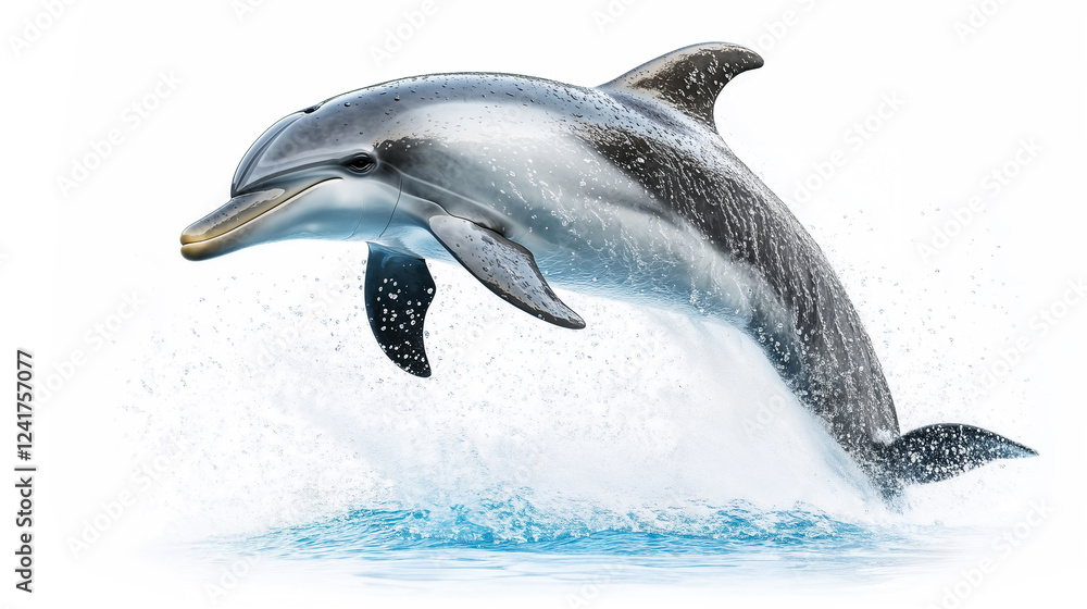 dolphin gracefully leaps out of water, showcasing its agility and beauty against clear background. splash of water adds dynamic energy to scene dolphin gracefully leaps out of water, showcasing its agility and beauty against clear background. splash of water adds dynamic energy to scene